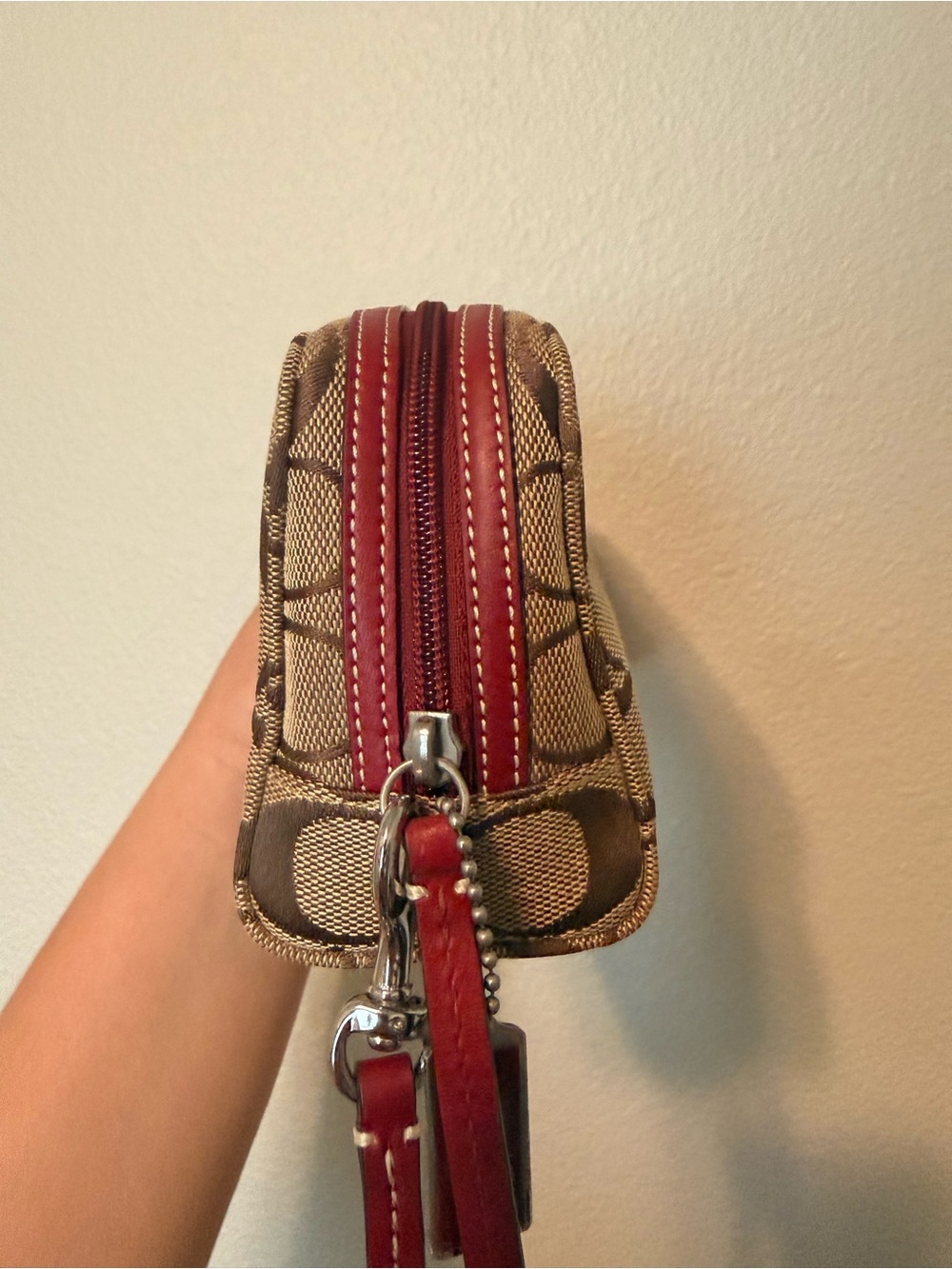 Coach Signature Canvas Wristlet in Brown with Red Strap - Picture 4 of 13